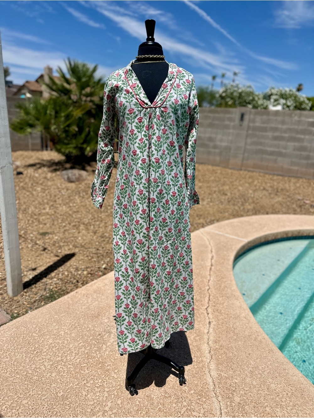 MILLE Block Print Cotton Maxi Dress L Jaipur India Pink Floral
